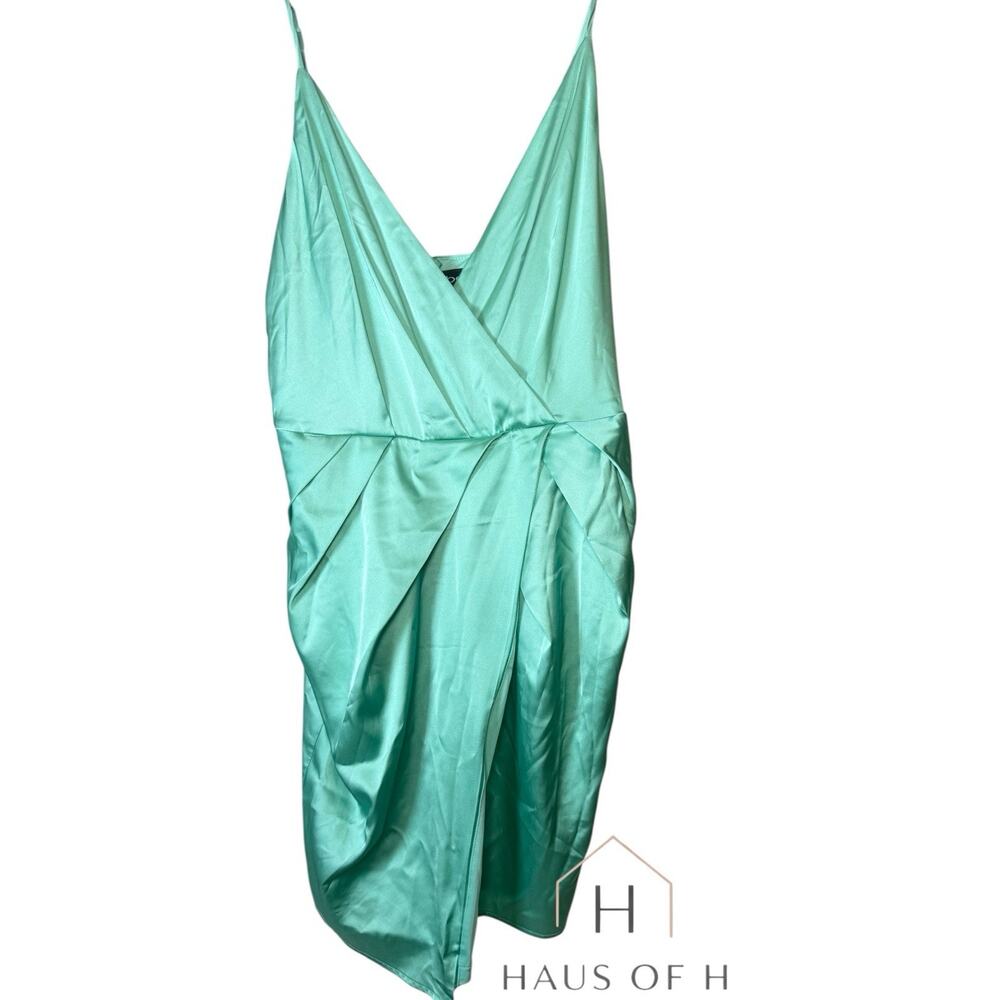 bebe Green Satin Sleeveless Wrap Bodycon Dress Spaghetti Strap Size S